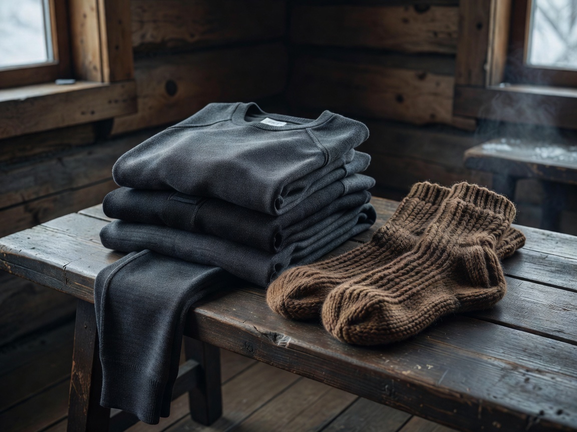Base layers and warm socks prepared for a cold outing