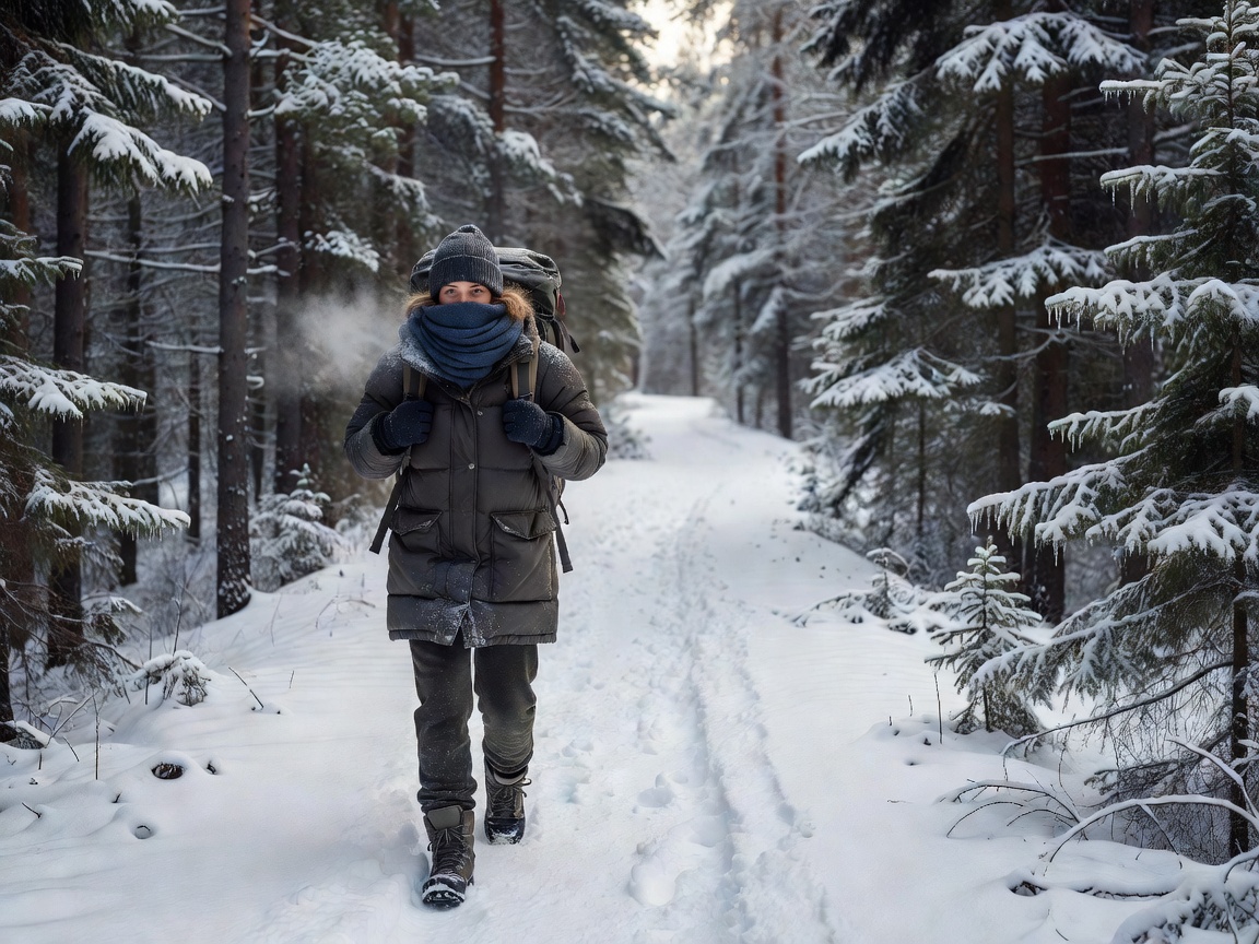 Walker in layered cold-weather clothing on a winter trail
