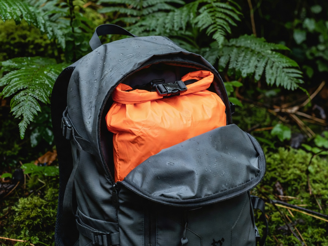 Dry storage pouch inside a daypack prepared for rainy weather