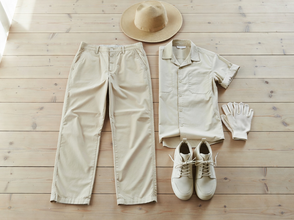Lightweight work clothing laid out for a warm-weather day
