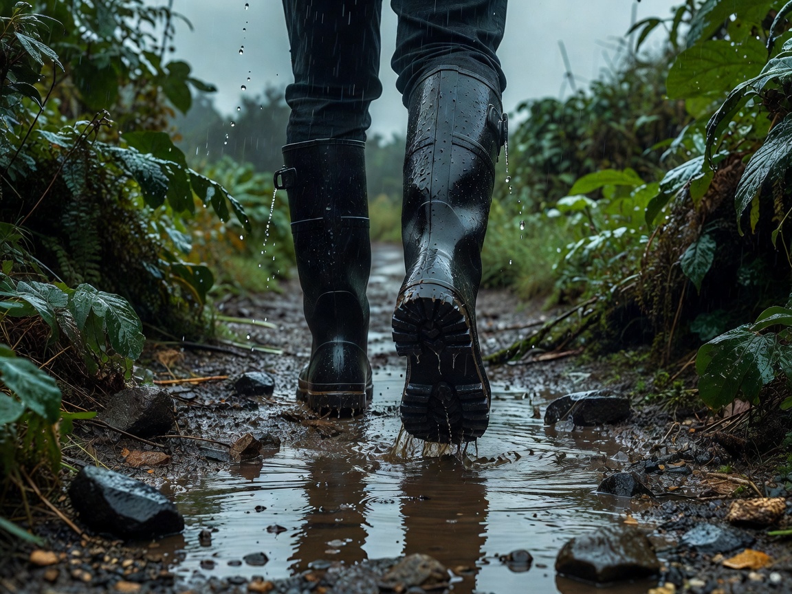 Person in rain gear walking on a wet path away from floodwater