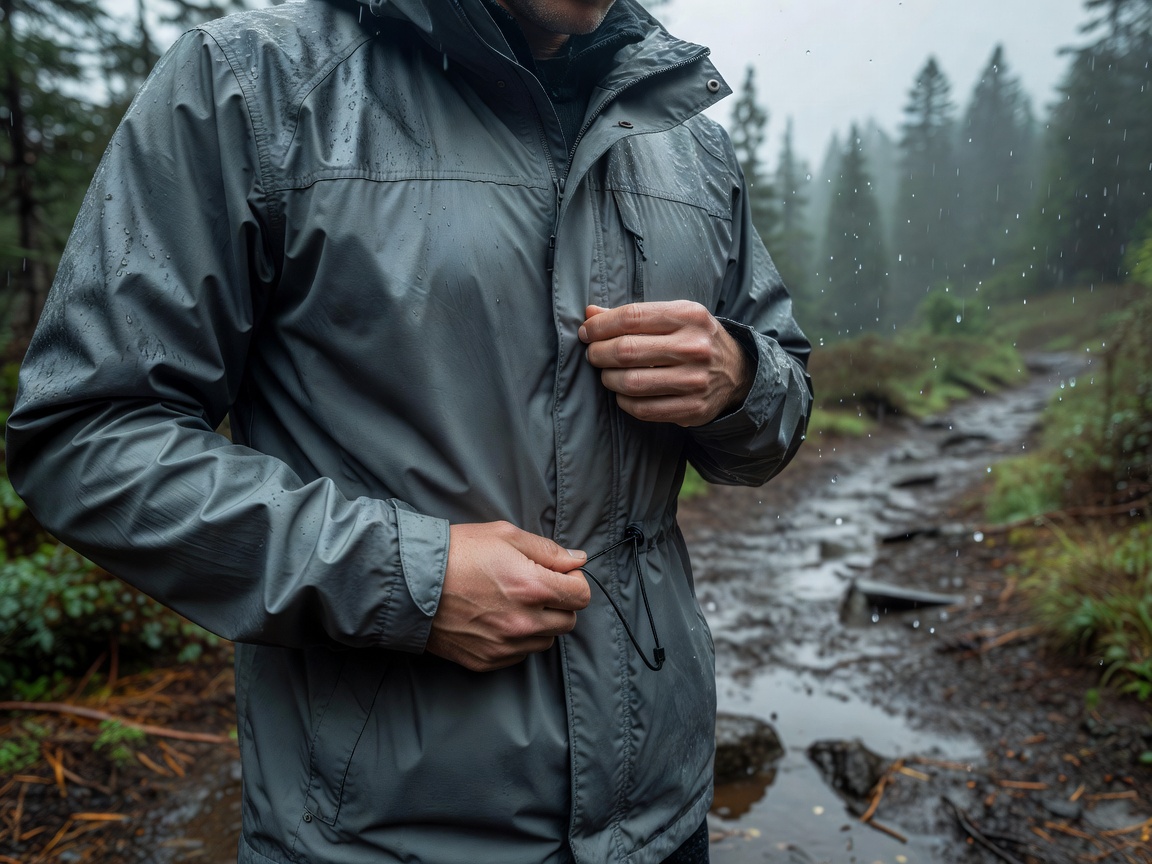 Rain shell being adjusted before a wet-weather walk