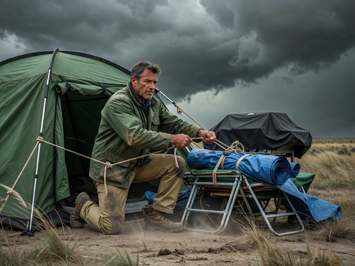 Person securing outdoor equipment before windy weather