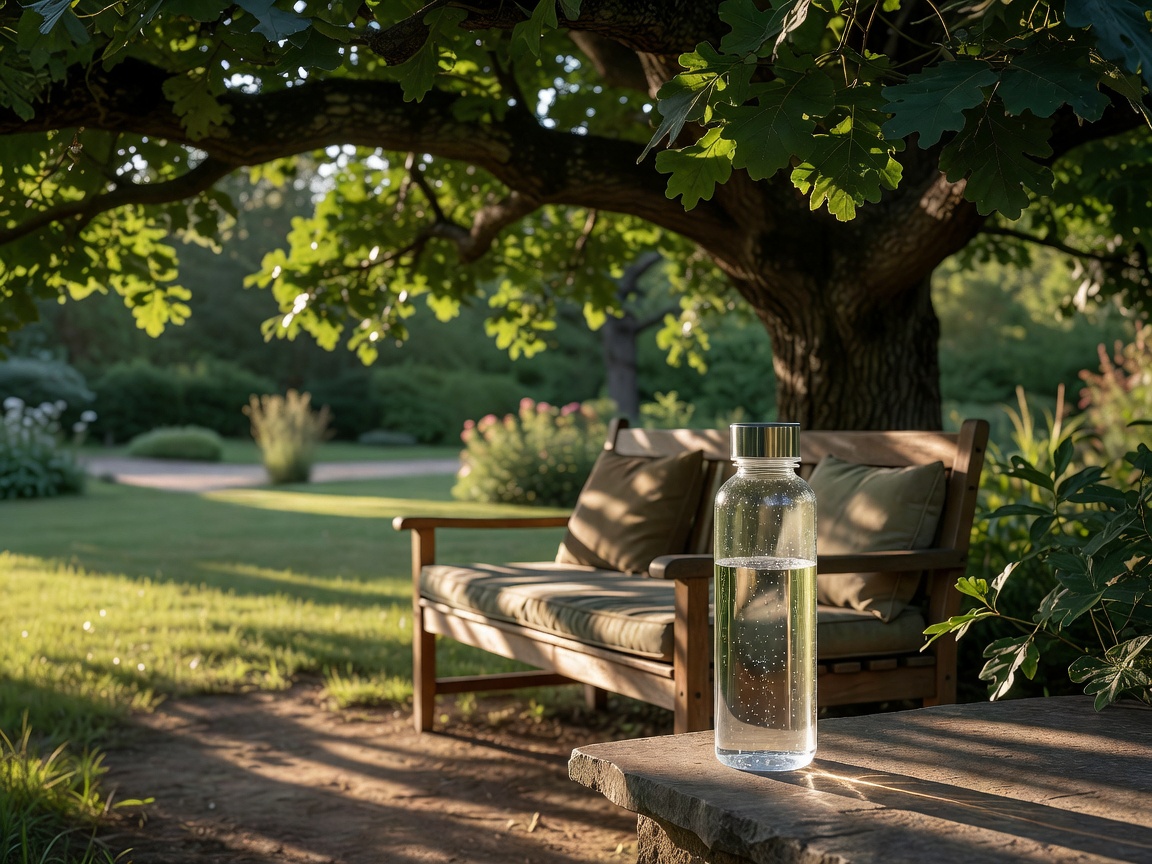 Water bottle beside a shaded outdoor resting place