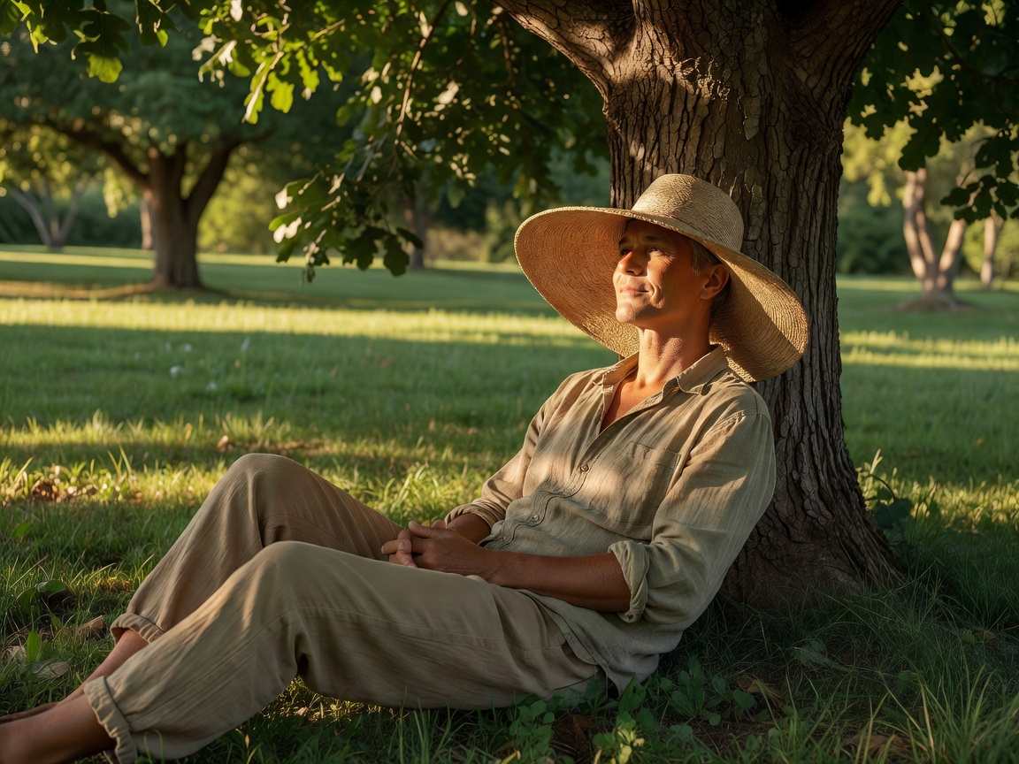 Person resting in shade wearing a broad sun hat