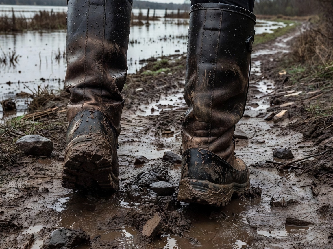 Water-resistant boots on a muddy trail away from a flooded area