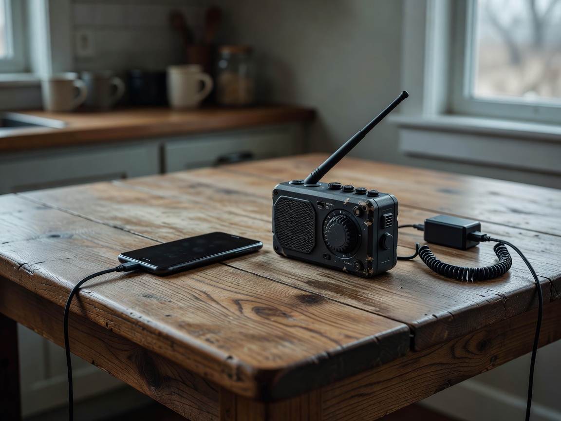 Weather radio and charged phone prepared on a household table