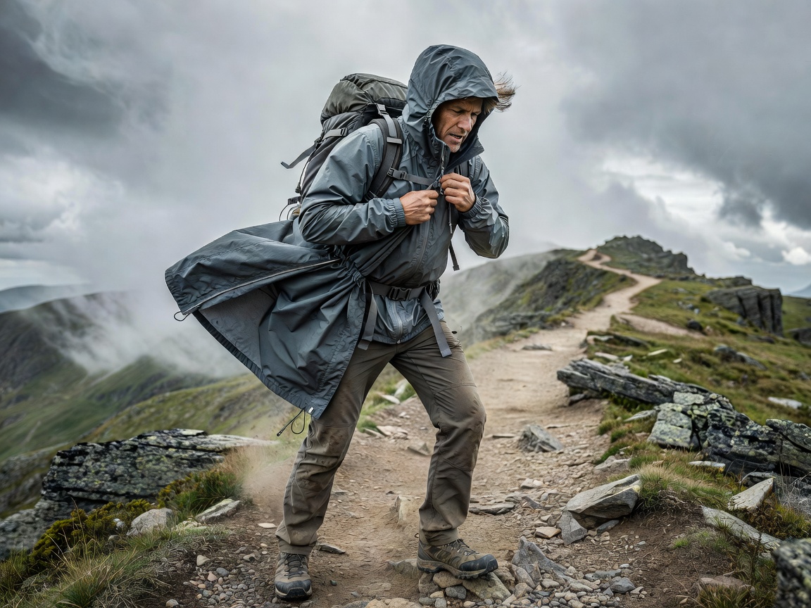 Hiker fastening a weather shell on an exposed trail in natural light