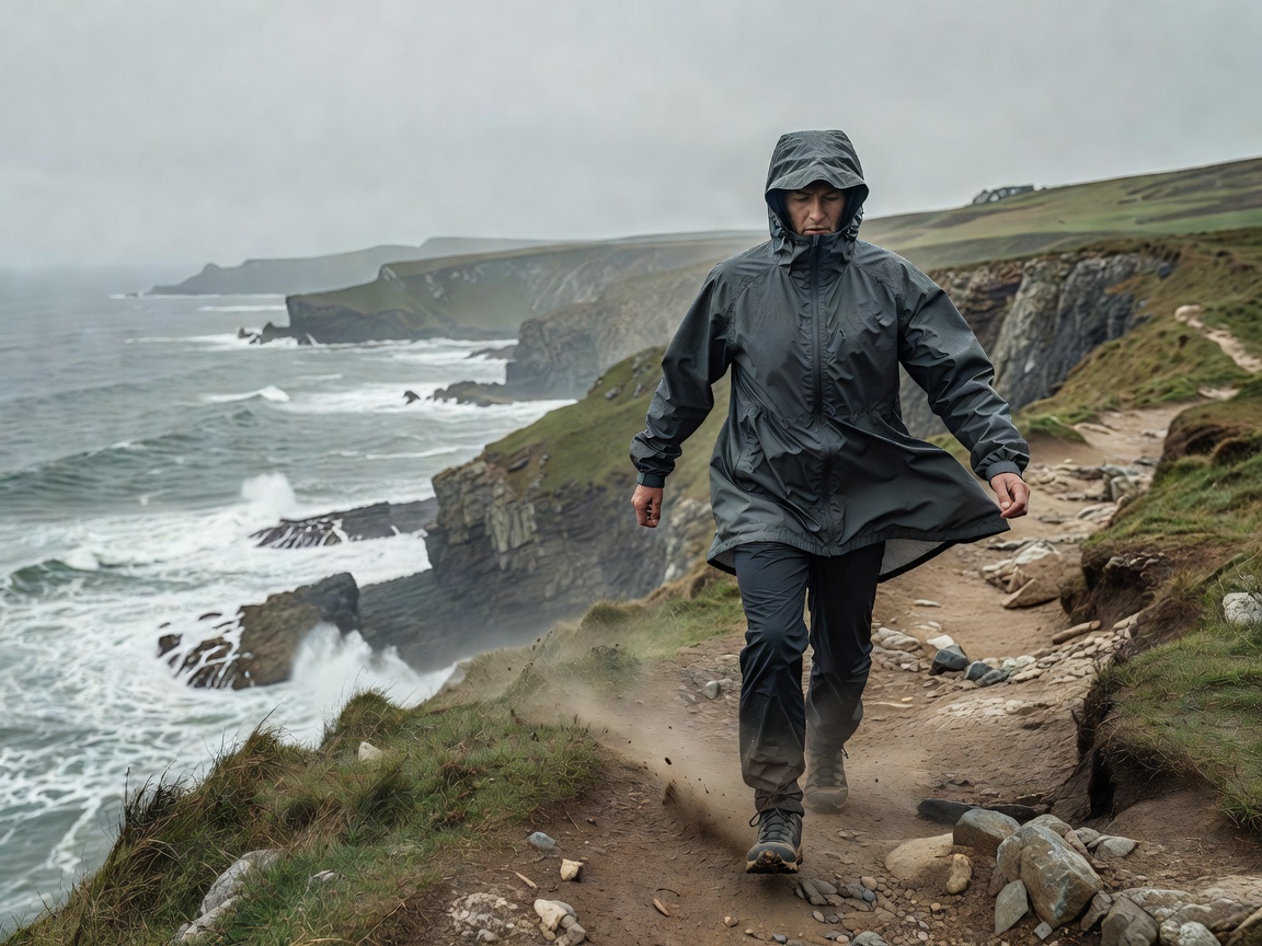 Walker wearing a windproof jacket on a breezy coastal path