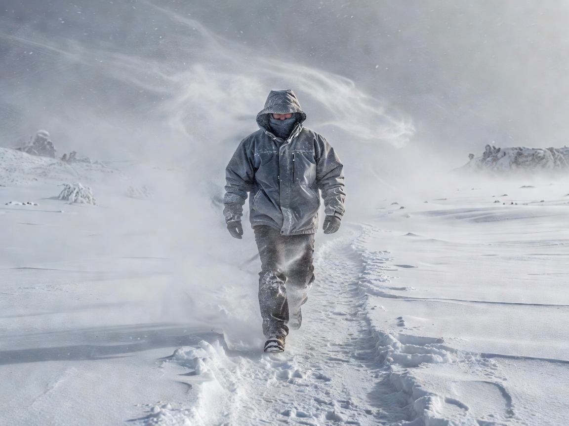 Walker wearing a shell jacket in a windy snowy setting